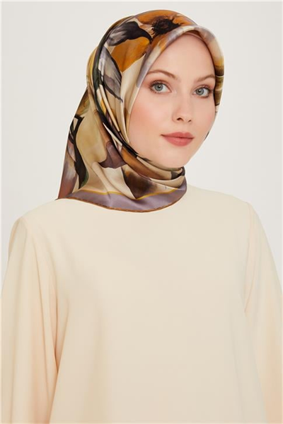 Armine Çiçek Desenli Twill Saf İpek Eşarp 9205D 04