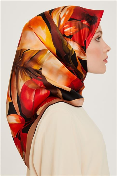 Armine Çiçek Desenli Twill Saf İpek Eşarp 9205D 06