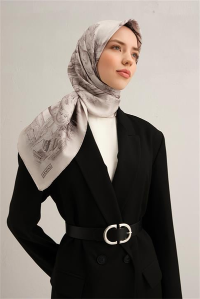 Armine Obje Desenli Saf İpek Twill Eşarp 9326D 84