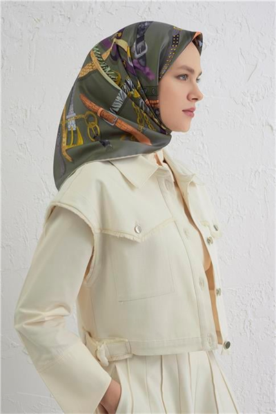 Armine Obje Desenli Saf İpek Twill Eşarp 9422D 84