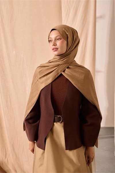 Deluxe Şal Karamel Jakarlı Yüzey Viskon Karışımlı Tok Duruşlu 75x190