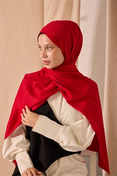 Deluxe Şal Kırmızı Jakarlı Tok Duruşlu Viskon Karışımlı 75x190