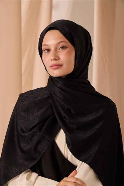 Deluxe Şal Siyah Jakarlı Tok Duruşlu Viskon Karışımlı 75x190