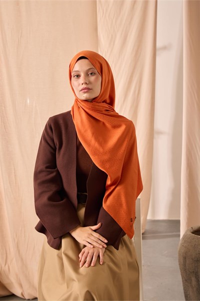 Deluxe Şal Turuncu Jakarlı Tok Duruşlu Viskon Karışımlı 75x190