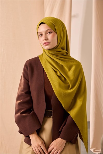 Deluxe Şal Yağ Yeşili Jakarlı Tok Duruşlu Viskon Karışımlı 75x190