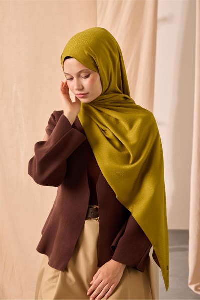 Deluxe Şal Yağ Yeşili Jakarlı Tok Duruşlu Viskon Karışımlı 75x190
