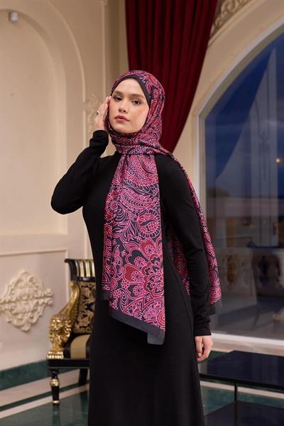 Desenli Vual Şal Fuşya Siyah Vual İpek Şal - 9803-08