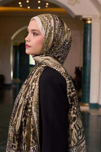 Desenli Vual Şal Krem Gold Vual İpek Şal - 9802-10