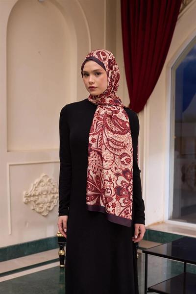 Desenli Vual Şal Krem Kırmızı Vual İpek Şal - 9803-10