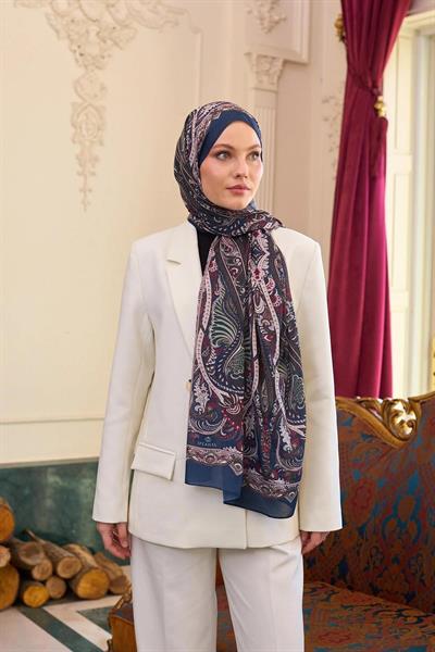 Desenli Vual Şal Lacivert Bordo Vual İpek Şal - 9804-09