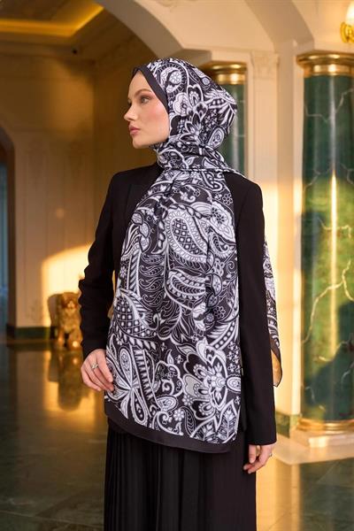 Desenli Vual Şal Siyah Beyaz Vual İpek Şal - 9803-24