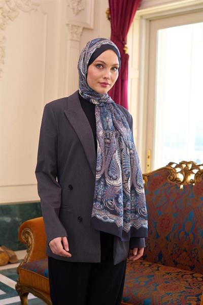 Desenli Vual Şal Siyah Mavi Vual İpek Şal - 9804-17