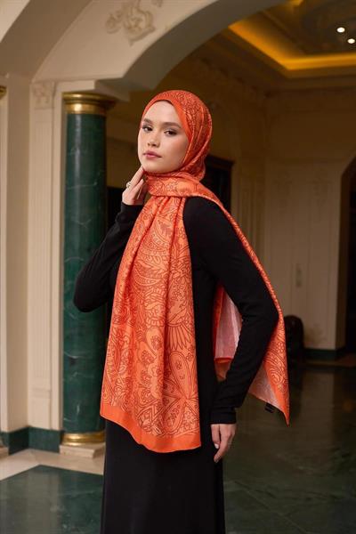 Desenli Vual Şal Turuncu Vual İpek Şal - 9803-29