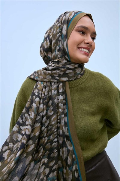 Eco Viscose Leopar Şal Kına Yeşili Nefes Alan Doku