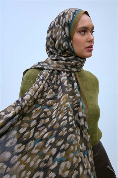 Eco Viscose Leopar Şal Kına Yeşili Nefes Alan Doku