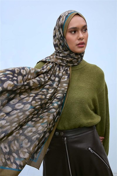 Eco Viscose Leopar Şal Kına Yeşili Nefes Alan Doku
