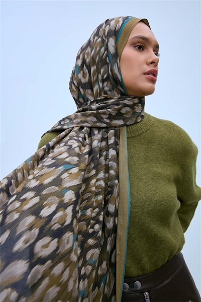 Eco Viscose Leopar Şal Kına Yeşili Nefes Alan Doku