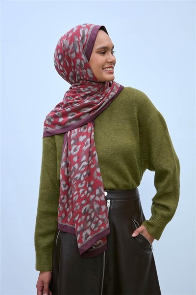 Eco Viscose Leopar Şal Kırmızı Nefes Alan Dokulu 9