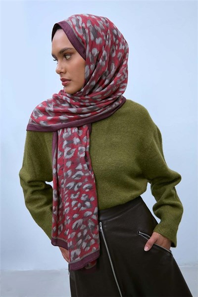 Eco Viscose Leopar Şal Kırmızı Nefes Alan Dokulu 9