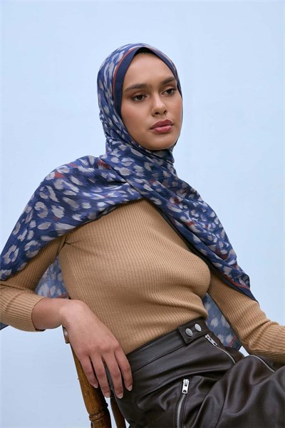 Eco Viscose Leopar Şal Lacivert Nefes Alan Dokulu