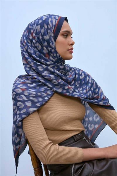 Eco Viscose Leopar Şal Lacivert Nefes Alan Dokulu