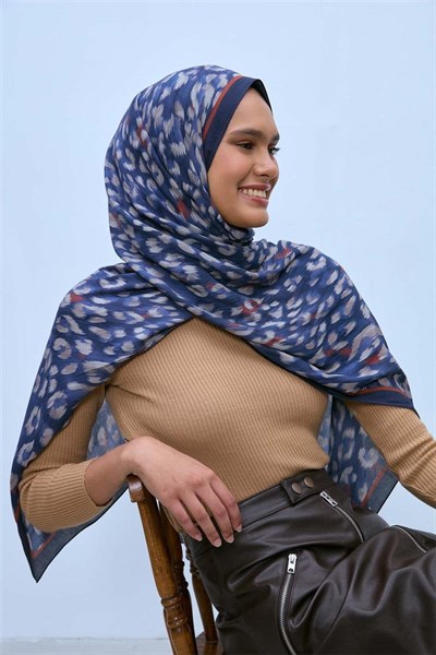 Eco Viscose Leopar Şal Lacivert Nefes Alan Dokulu