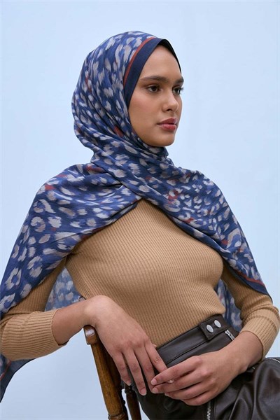 Eco Viscose Leopar Şal Lacivert Nefes Alan Dokulu