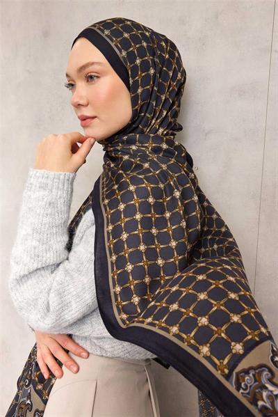 Floş Viskon Organik Şal Halat Desen Koyu Lacivert 195x75