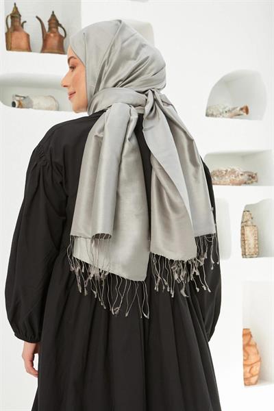 Gümüş Gri Düz Çift Taraflı İpek Şal Modeli