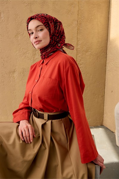 İnce Pamuk Soft Eşarp Açık Kırmızı-Soluk Siyah-Vizon Desenli Nefes Alan Tok Duruşlu 90x90