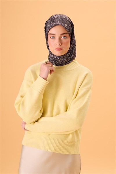 İnce Pamuk Soft Eşarp Antrasit-Bej Geometrik Desenli Tok Duruşlu 90x90