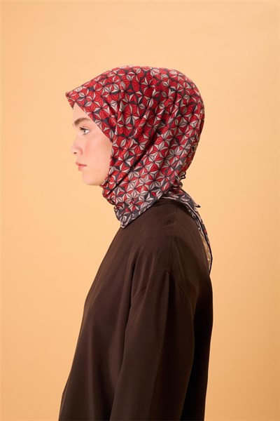 İnce Pamuk Soft Eşarp Antrasit-Kırmızı Geometrik Desenli Tok Duruşlu 90x90