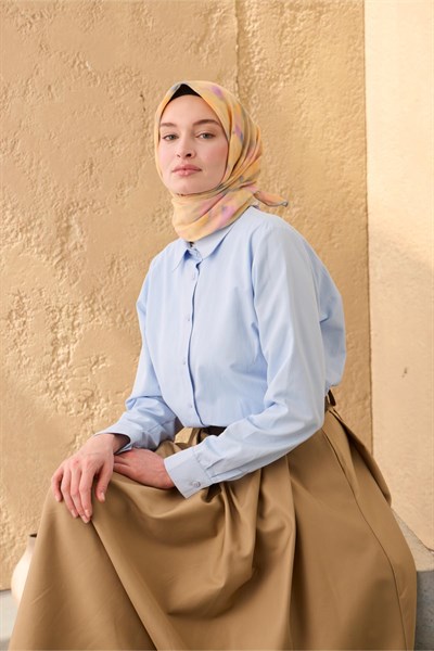 İnce Pamuk Soft Eşarp Bebe Mavi-Sarı-Pembe Desenli Kaymaz Dokulu Tok Duruşlu 90x90