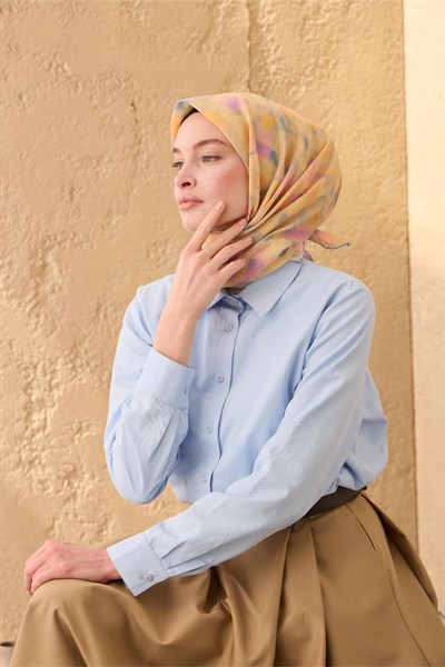 İnce Pamuk Soft Eşarp Bebe Mavi-Sarı-Pembe Desenli Kaymaz Dokulu Tok Duruşlu 90x90
