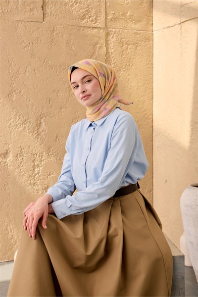 İnce Pamuk Soft Eşarp Bebe Mavi-Sarı-Pembe Desenli Kaymaz Dokulu Tok Duruşlu 90x90