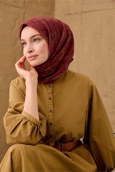 İnce Pamuk Soft Eşarp Bordo-Olive-Soluk Bordo Desenli Nefes Alan Tok Duruşlu 90x90