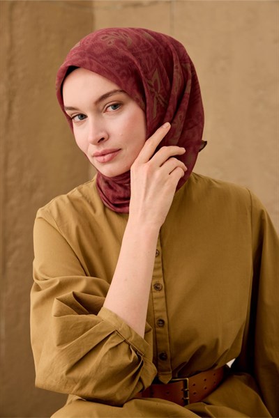 İnce Pamuk Soft Eşarp Bordo-Olive-Soluk Bordo Desenli Nefes Alan Tok Duruşlu 90x90