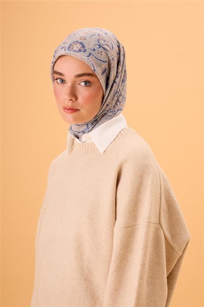 İnce Pamuk Soft Eşarp Çağla-İndigo Desenli Tok Duruşlu 90x90