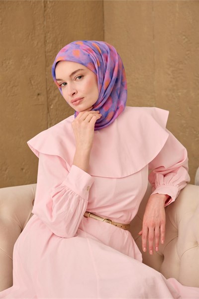 İnce Pamuk Soft Eşarp Eflatun-Pembe Turuncu Desenli Nefes Alan Tok Duruşlu 90x90