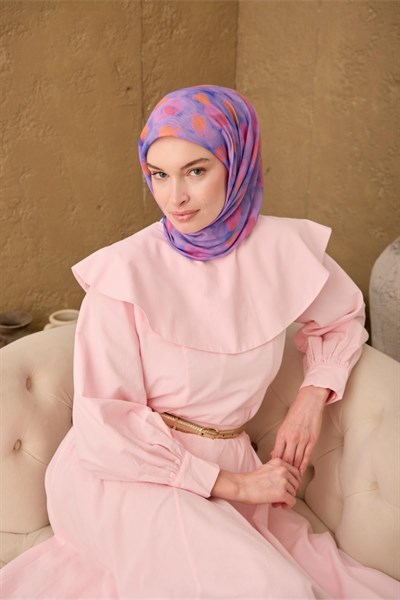 İnce Pamuk Soft Eşarp Eflatun-Pembe Turuncu Desenli Nefes Alan Tok Duruşlu 90x90