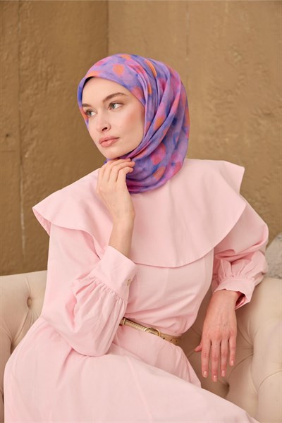 İnce Pamuk Soft Eşarp Eflatun-Pembe Turuncu Desenli Nefes Alan Tok Duruşlu 90x90