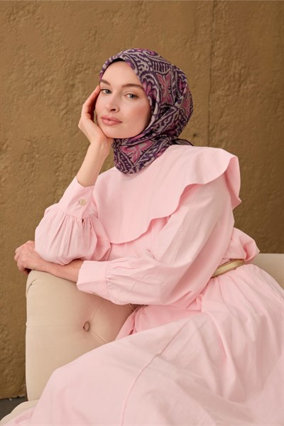 İnce Pamuk Soft Eşarp Funda-Pembe-Taş Desenli Nefes Alan Tok Duruşlu 90x90