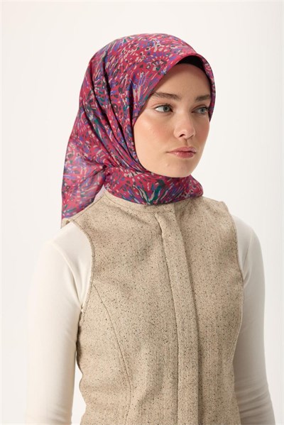 İnce Pamuk Soft Eşarp Fuşya-Patina Yeşili Desenli Kaymaz Dokulu Tok Duruşlu 90x90