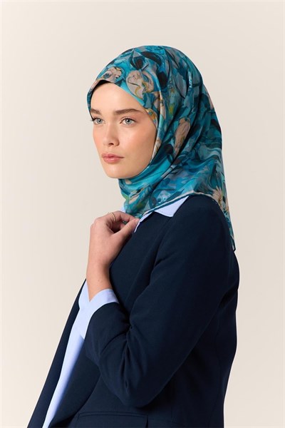 İnce Pamuk Soft Eşarp Gök Mavi-Bebe Mavi Desenli Kaymaz Dokulu Tok Duruşlu 90x90