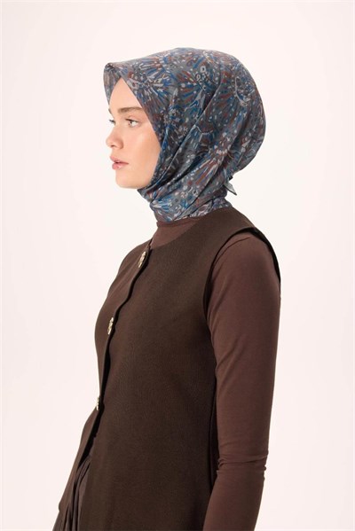 İnce Pamuk Soft Eşarp Gri-Mavi Desenli Tok Duruşlu Kaymaz 90x90