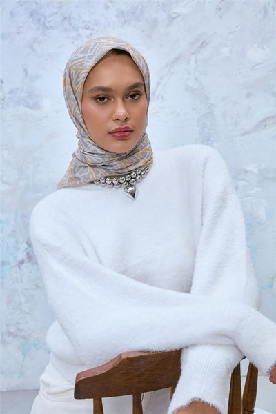 İnce Pamuk Soft Eşarp Gümüş-Hardal Geometrik Desenli Hafif Yapılı 90x90