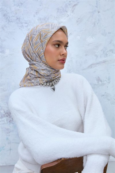İnce Pamuk Soft Eşarp Gümüş-Hardal Geometrik Desenli Hafif Yapılı 90x90