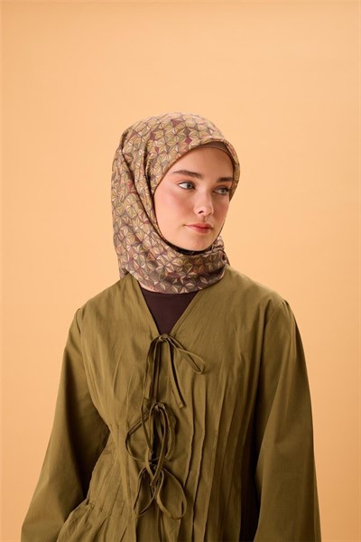 İnce Pamuk Soft Eşarp Haki Sarı Turuncu Bordo Desenli Kaymaz Dokulu Tok Duruşlu 90x90