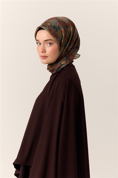 İnce Pamuk Soft Eşarp Kahverengi-Haki Desenli Kaymaz Dokulu Tok Duruşlu 90x90