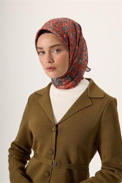 İnce Pamuk Soft Eşarp Koyu Turuncu-Turkuaz Desenli Kaymaz Dokulu Tok Duruşlu 90x90